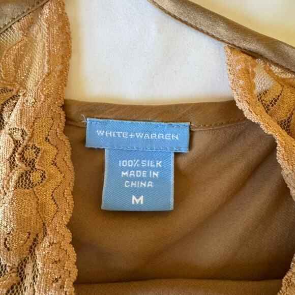 Y2K Silk Lace Trim M Anthropologie White + Warren Tan Beige Lace V Cami 00s - Picture 3 of 4